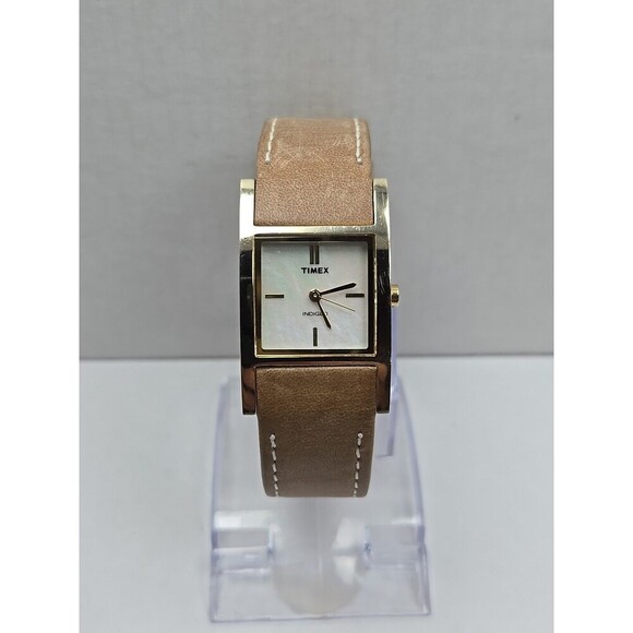 Timex Indiglo Womens Tank Cuff Watch MOP Dial Gold Tone Quartz New Battery Tan - Picture 1 of 12